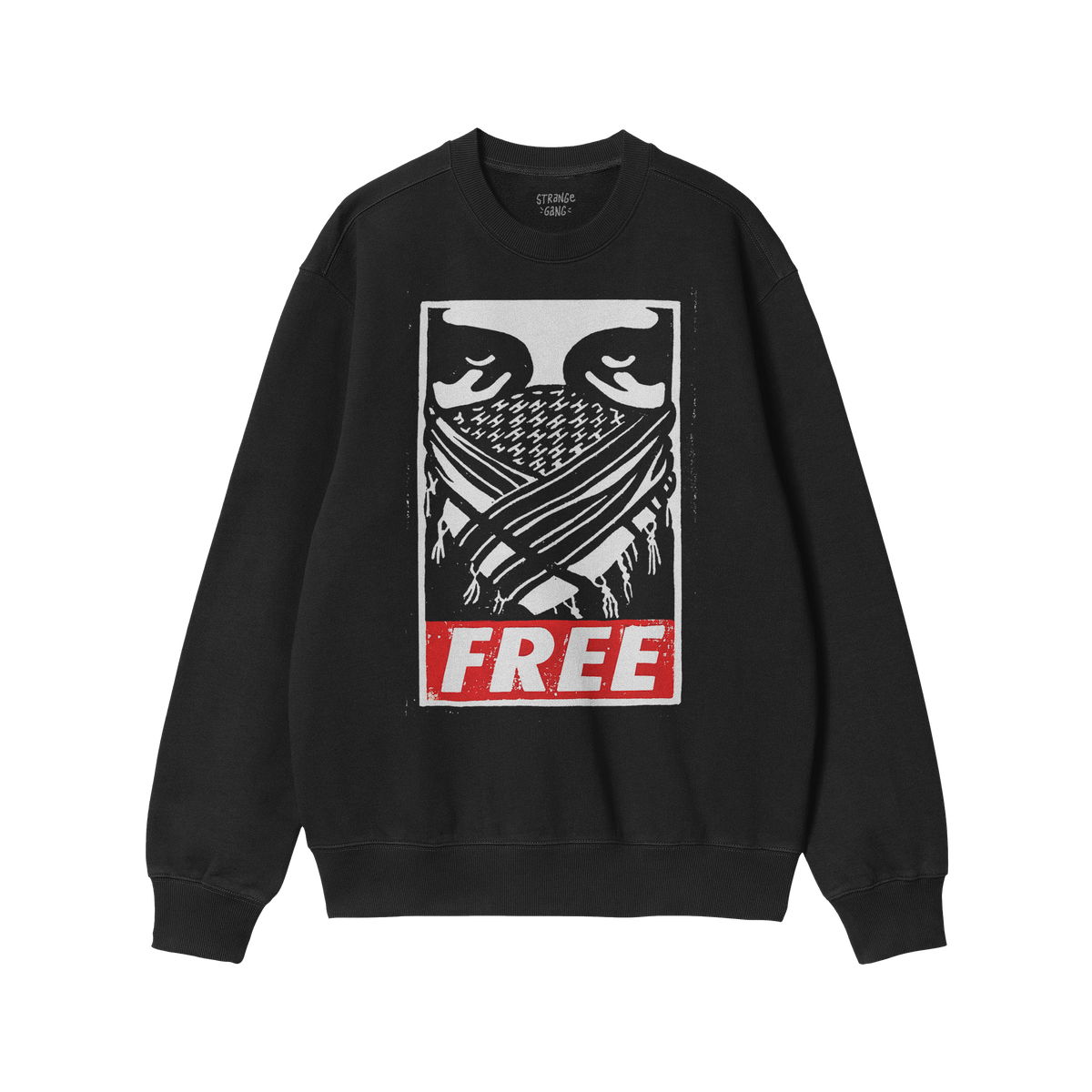 Black crew-neck sweatshirt with Free Palestine JULZ design, featuring a keffiyeh-covered face and FREE in red. Ideal for thos