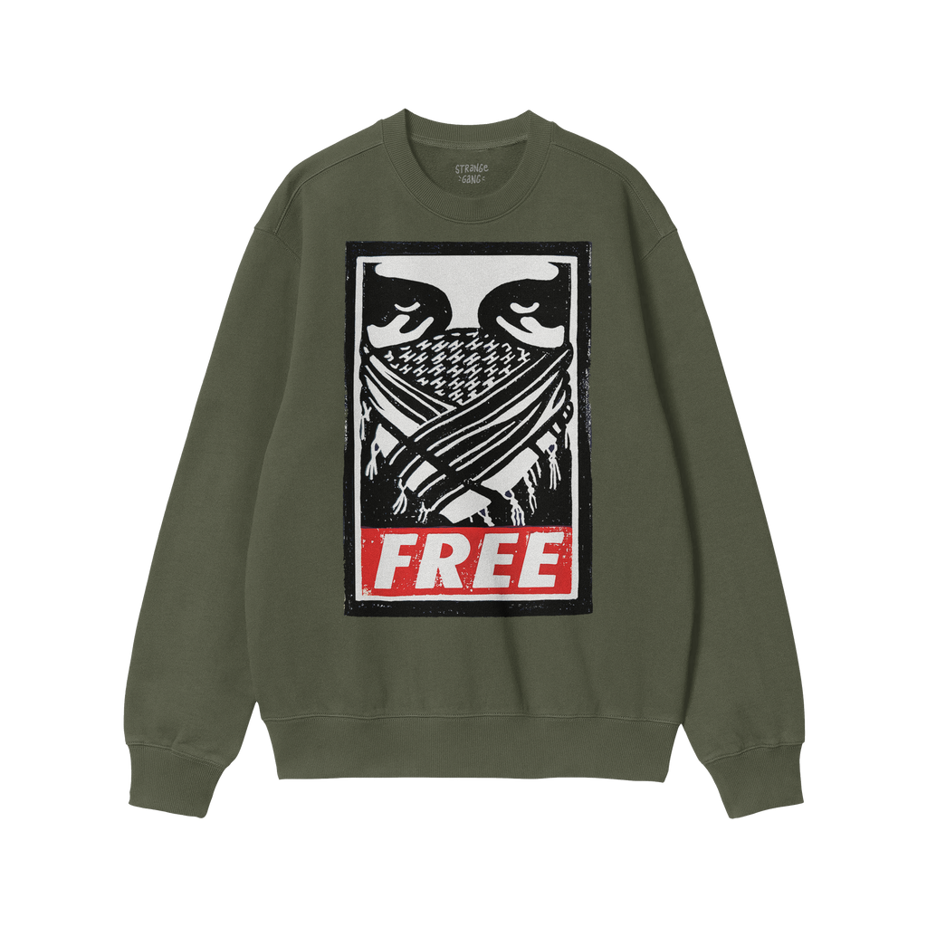Free Palestine JULZ Hoodie & Sweatshirt features a bold graphic of eyes above a keffiyeh-style face covering with crossed obj