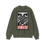 Free Palestine JULZ Hoodie & Sweatshirt features a bold graphic of eyes above a keffiyeh-style face covering with crossed obj
