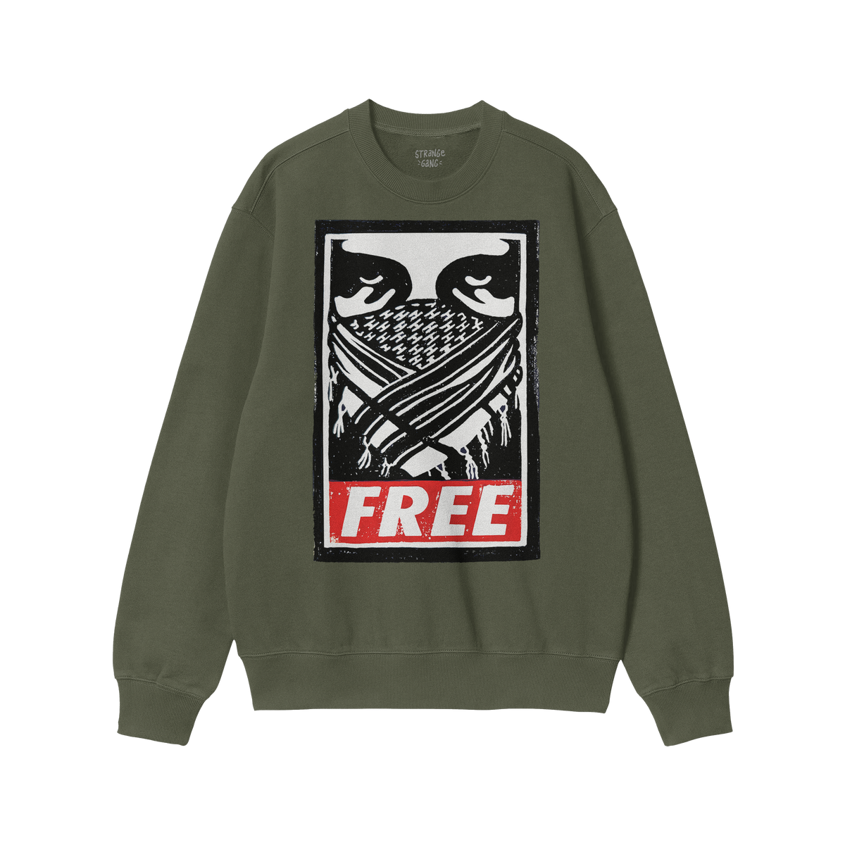Free Palestine JULZ Hoodie & Sweatshirt features a bold graphic of eyes above a keffiyeh-style face covering with crossed obj