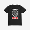 Free Palestine JULZ T-shirt, featuring a stencil-style graphic of narrowed eyes and crossed keffiyeh, with FREE in distressed red. A bold statement piece supporting freedom and activism.