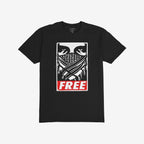 Free Palestine JULZ T-shirt, featuring a stencil-style graphic of narrowed eyes and crossed keffiyeh, with FREE in distressed red. A bold statement piece supporting freedom and activism.