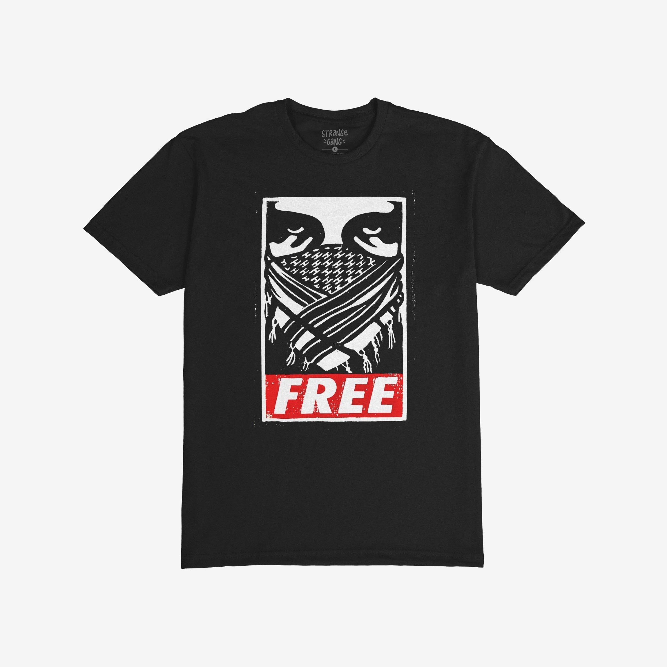 Free Palestine JULZ T-shirt, featuring a stencil-style graphic of narrowed eyes and crossed keffiyeh, with FREE in distressed red. A bold statement piece supporting freedom and activism.