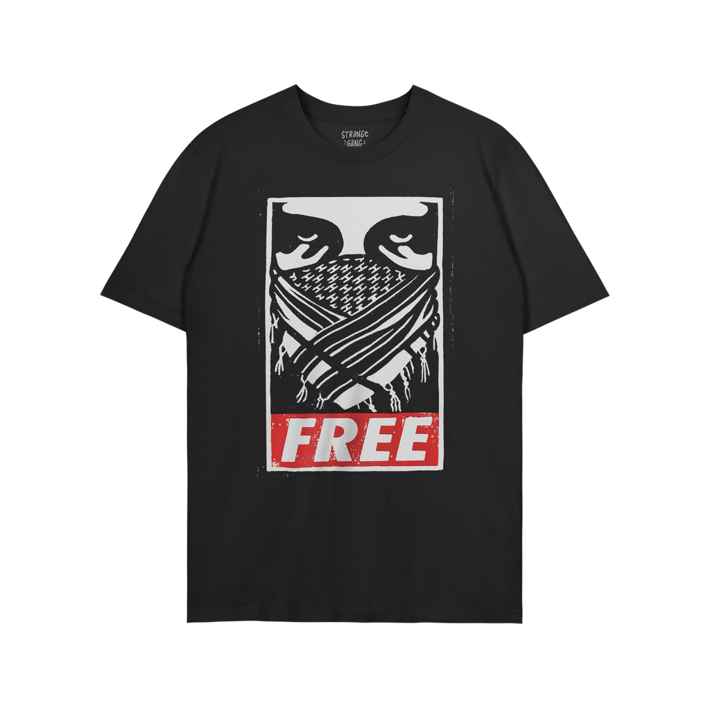 Free Palestine JULZ T-shirt, featuring a stencil-style graphic of narrowed eyes and crossed keffiyeh, with FREE in distressed