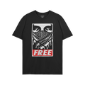 Free Palestine JULZ T-shirt, featuring a stencil-style graphic of narrowed eyes and crossed keffiyeh, with FREE in distressed