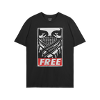 Free Palestine JULZ T-shirt, featuring a stencil-style graphic of narrowed eyes and crossed keffiyeh, with FREE in distressed