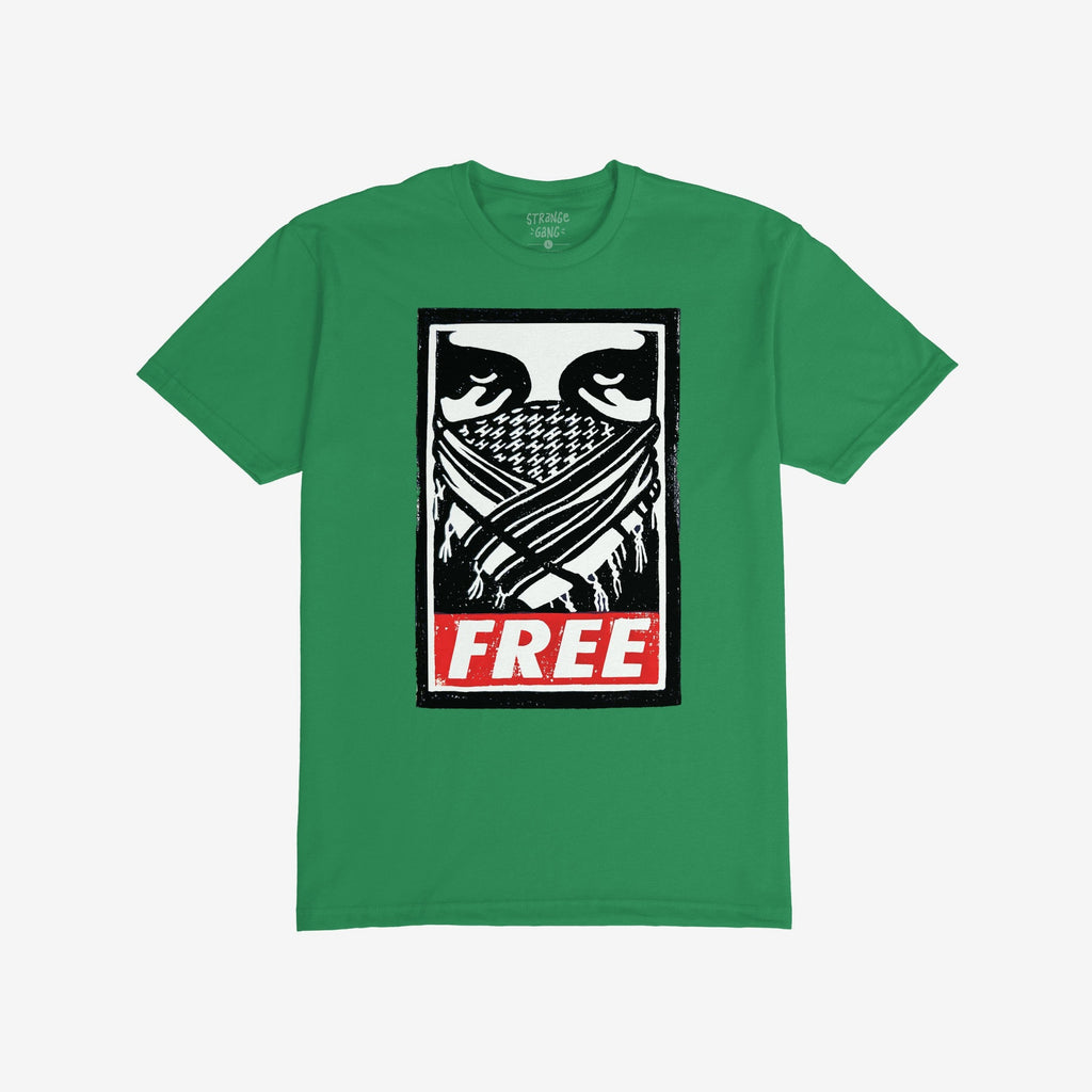Free Palestine JULZ T-shirt featuring a bold, street poster-style graphic of eyes over a patterned bandana with FREE in white, symbolizing support for Palestinian freedom and activism.