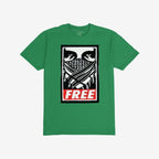 Free Palestine JULZ T-shirt featuring a bold, street poster-style graphic of eyes over a patterned bandana with FREE in white, symbolizing support for Palestinian freedom and activism.