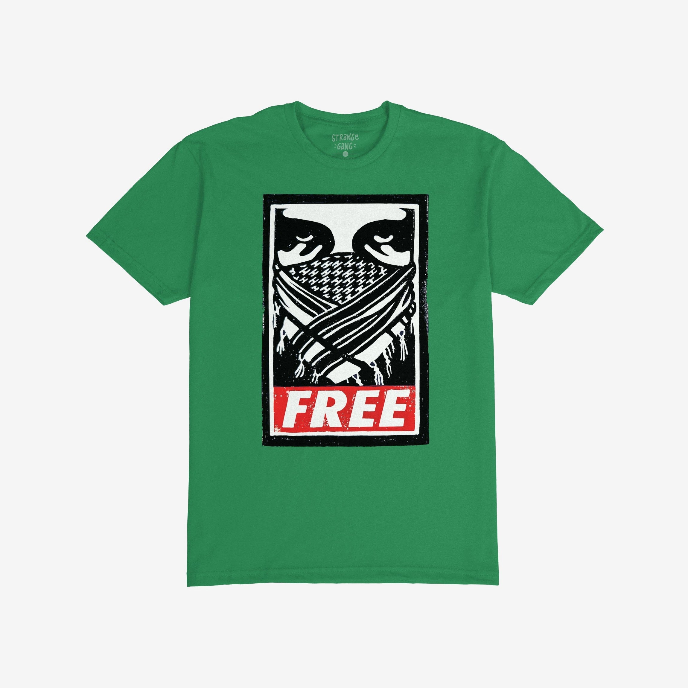 Free Palestine JULZ T-shirt featuring a bold, street poster-style graphic of eyes over a patterned bandana with FREE in white, symbolizing support for Palestinian freedom and activism.