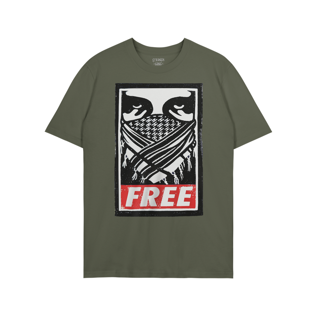 Free Palestine JULZ T-shirt featuring a bold, street poster-style graphic of eyes over a patterned bandana with FREE in white
