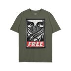 Free Palestine JULZ T-shirt featuring a bold, street poster-style graphic of eyes over a patterned bandana with FREE in white