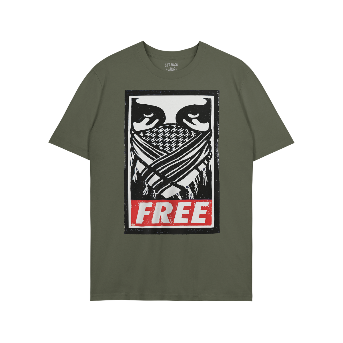Free Palestine JULZ T-shirt featuring a bold, street poster-style graphic of eyes over a patterned bandana with FREE in white