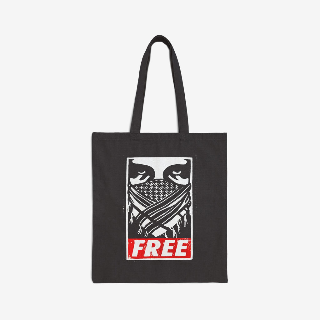Free Palestine JULZ Tote Bag featuring stylized birds, a fringed pattern, and a red FREE graphic, symbolizing activism and solidarity, with a gritty street poster aesthetic.