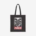 Free Palestine JULZ Tote Bag featuring stylized birds, a fringed pattern, and a red FREE graphic, symbolizing activism and solidarity, with a gritty street poster aesthetic.