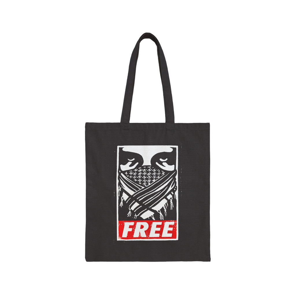 Free Palestine JULZ Tote Bag featuring stylized birds, a fringed pattern, and a red FREE graphic, symbolizing activism and so