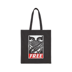 Free Palestine JULZ Tote Bag featuring stylized birds, a fringed pattern, and a red FREE graphic, symbolizing activism and so