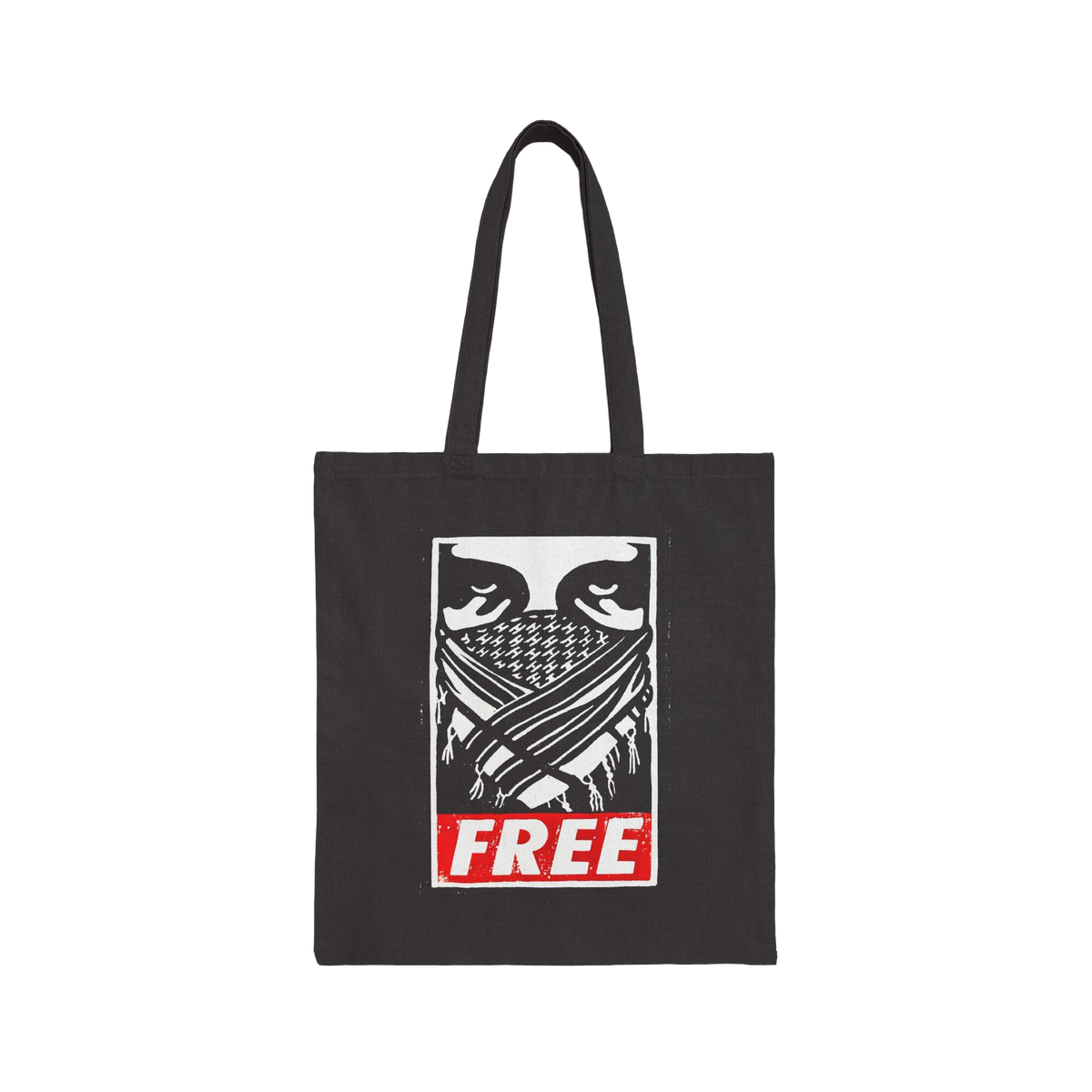 Free Palestine JULZ Tote Bag featuring stylized birds, a fringed pattern, and a red FREE graphic, symbolizing activism and so