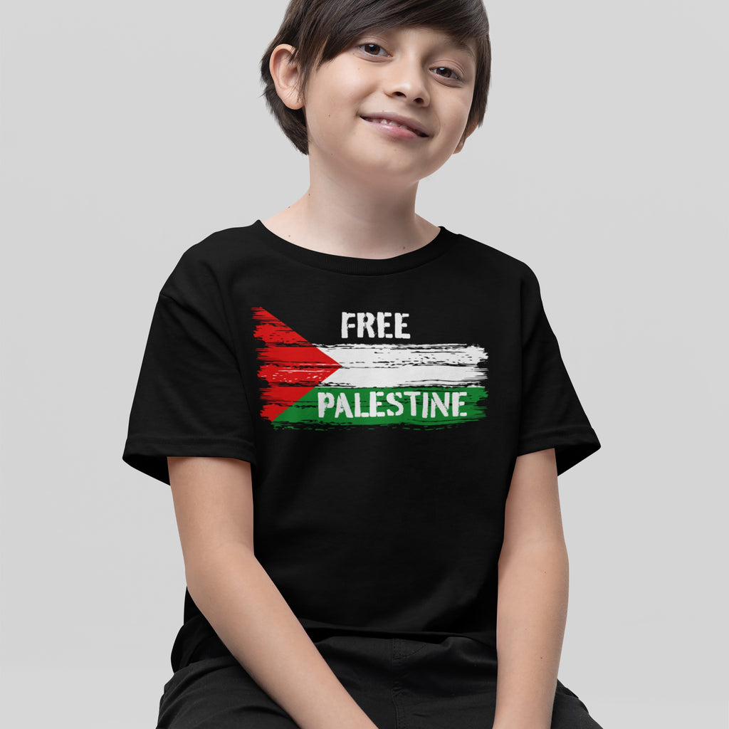 Free Palestine Shirt featuring a stylized, distressed Palestinian flag and FREE PALESTINE slogan, designed for activists and allies supporting justice and liberation. Perfect for everyday wear and advocacy.