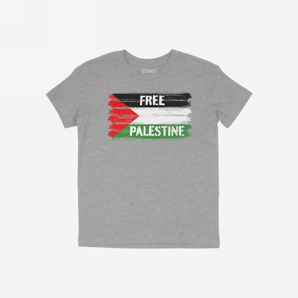 Free Palestine Shirt featuring a stylized Palestinian flag with distressed brush-stroke stripes and bold FREE PALESTINE message, embodying resistance and activism for justice and liberation.