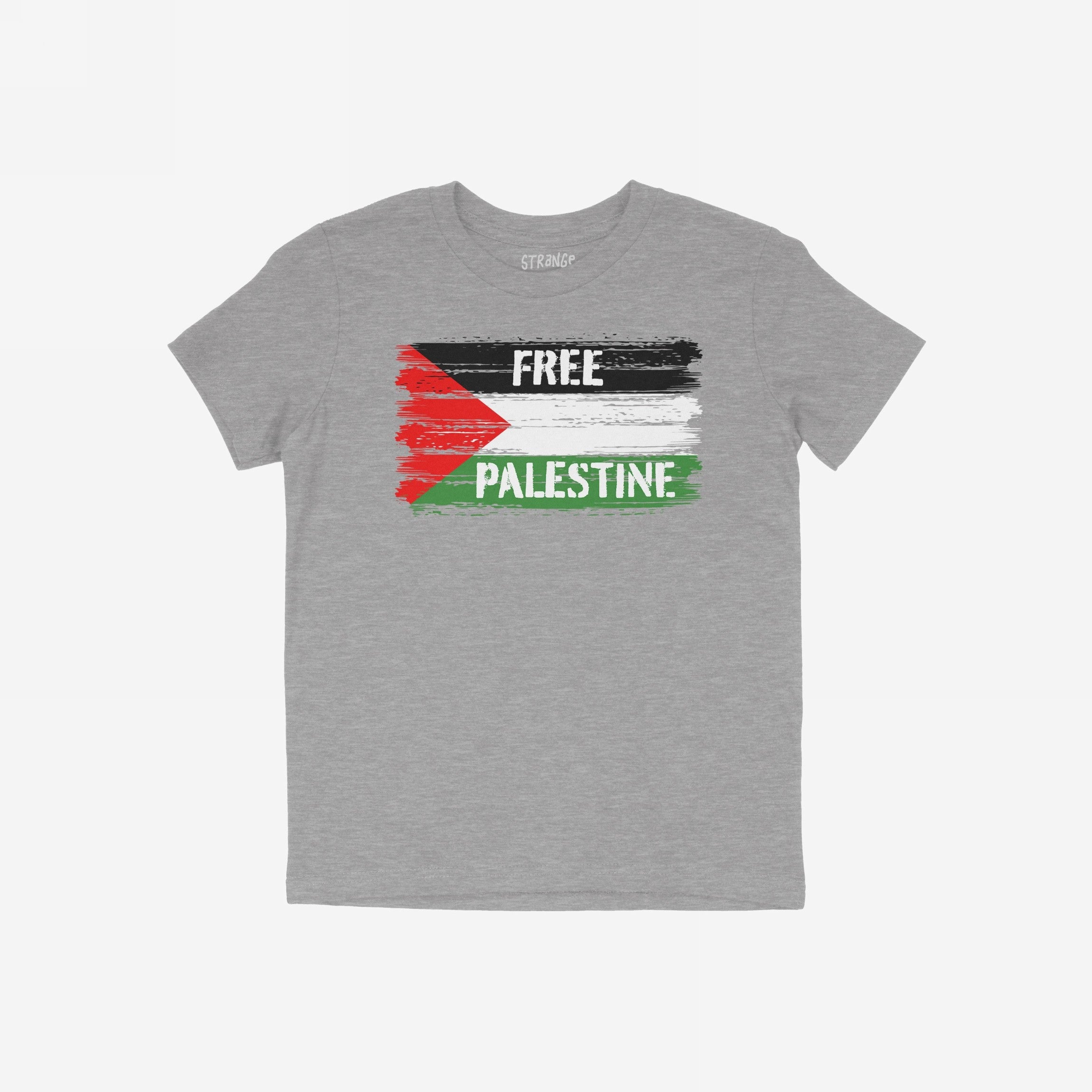 Free Palestine Shirt featuring a stylized Palestinian flag with distressed brush-stroke stripes and bold FREE PALESTINE message, embodying resistance and activism for justice and liberation.