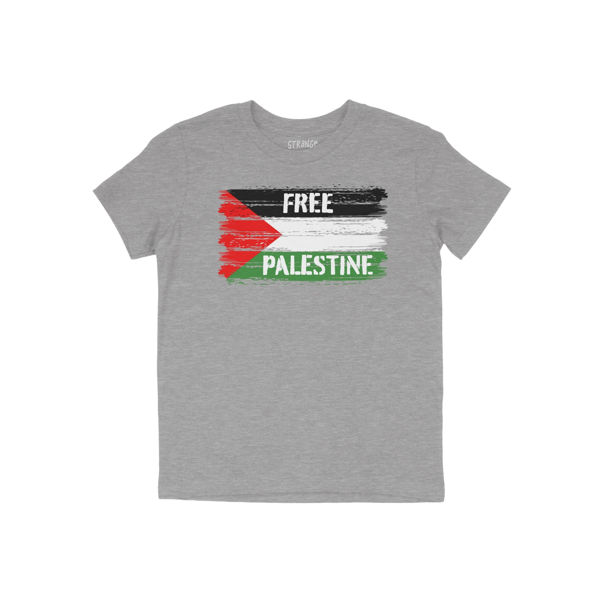 Free Palestine Shirt featuring a stylized Palestinian flag with distressed brush-stroke stripes and bold FREE PALESTINE messa