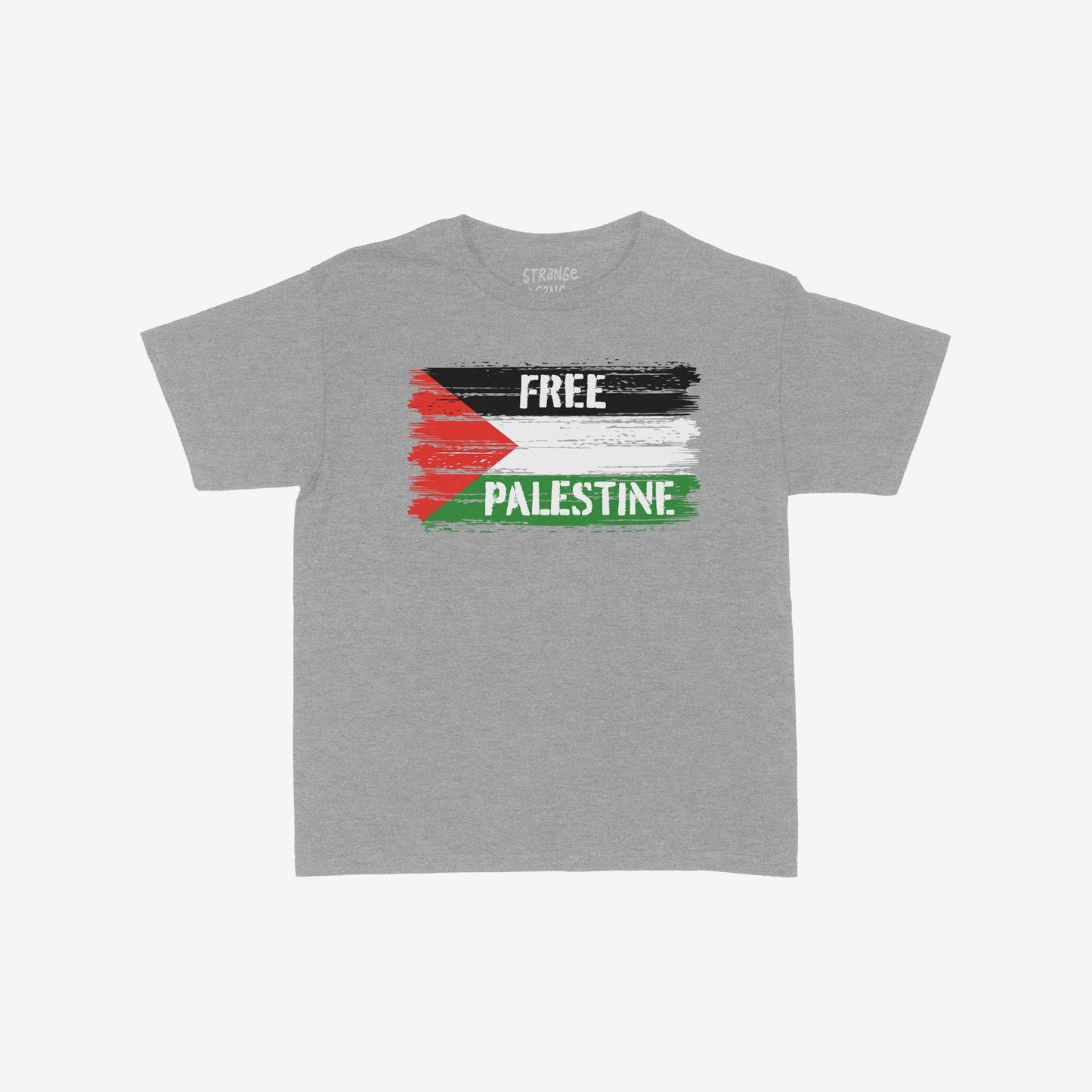 Free Palestine T-shirt features a stylized, brush-stroke Palestinian flag with FREE and PALESTINE text, embodying resistance and solidarity. Ideal for rallies or daily wear, promoting liberation.