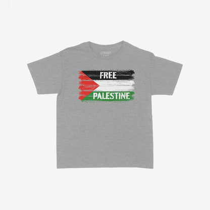 Free Palestine T-shirt features a stylized, brush-stroke Palestinian flag with FREE and PALESTINE text, embodying resistance and solidarity. Ideal for rallies or daily wear, promoting liberation.
