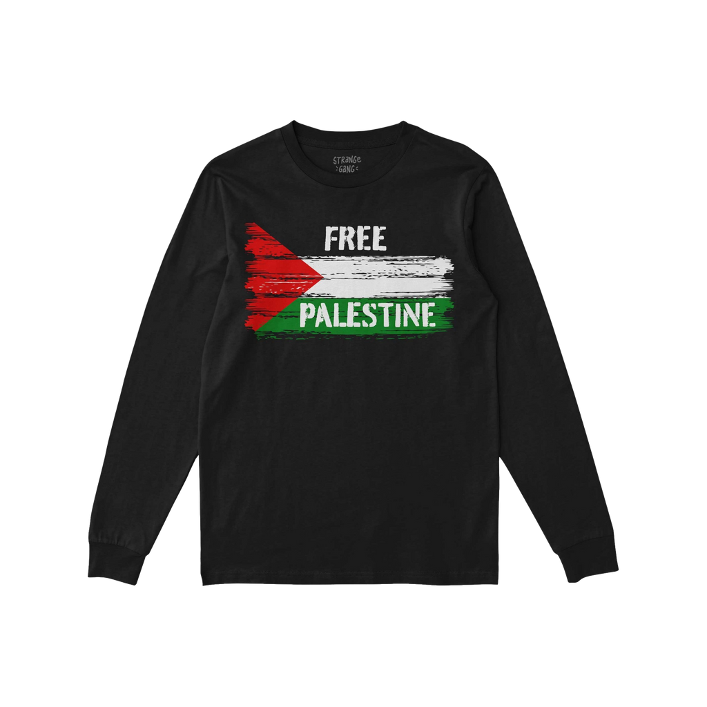 Free Palestine Shirt featuring a distressed Palestinian flag in brush-stroke style and “FREE PALESTINE” text, embodying r