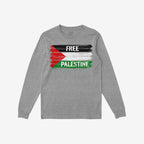 The Free Palestine Shirt features a heather-gray long-sleeve design with a distressed Palestinian flag and FREE PALESTINE text, embodying activism and resistance wear for justice and liberation.