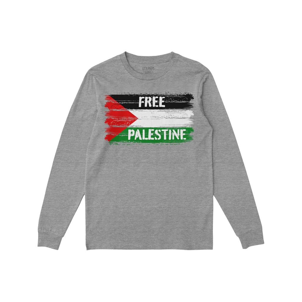 The Free Palestine Shirt features a heather-gray long-sleeve design with a distressed Palestinian flag and FREE PALESTINE tex