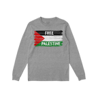 The Free Palestine Shirt features a heather-gray long-sleeve design with a distressed Palestinian flag and FREE PALESTINE tex