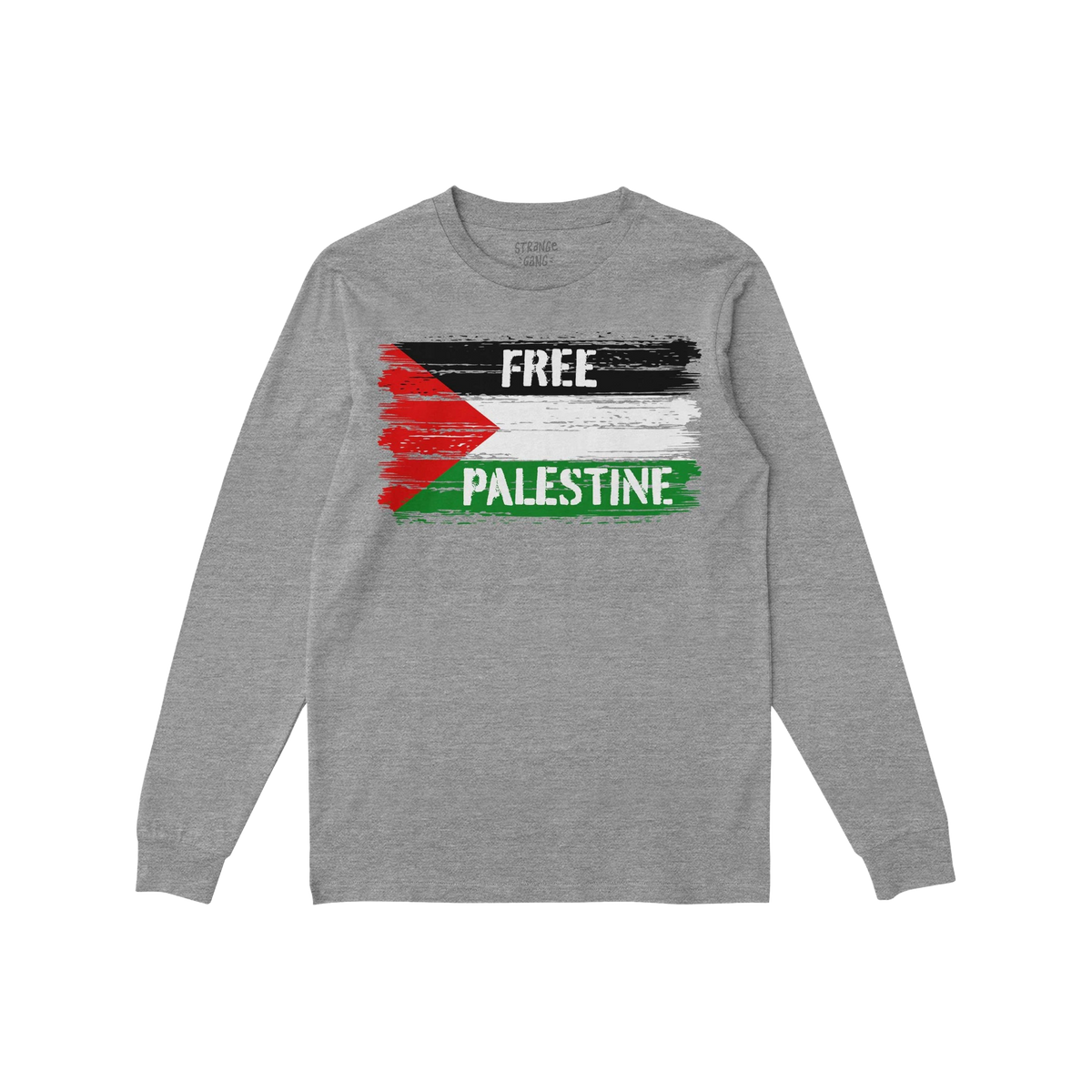 The Free Palestine Shirt features a heather-gray long-sleeve design with a distressed Palestinian flag and FREE PALESTINE tex