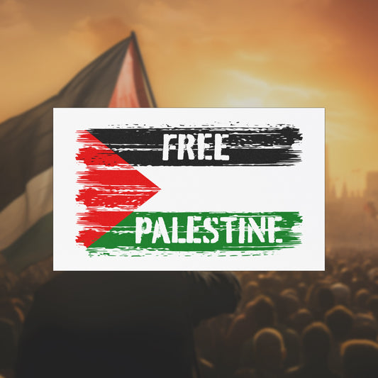 Free Palestine Magnet featuring a stylized Palestinian flag with FREE and PALESTINE in distressed brush-stroke style, symbolizing solidarity and resistance. Perfect for cars or fridges, showing support for justice.