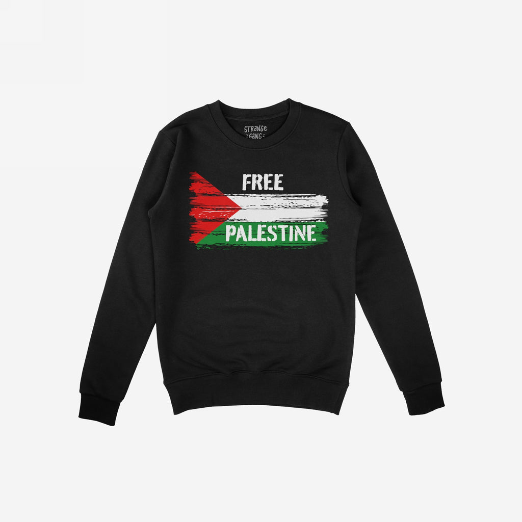 Free Palestine Shirt featuring a brush-stroke Palestinian flag and bold FREE PALESTINE text on a black crewneck sweatshirt, embodying resistance and solidarity in a unisex cut with ribbed details.