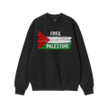 Free Palestine Shirt featuring a brush-stroke Palestinian flag and bold FREE PALESTINE text on a black crewneck sweatshirt, e
