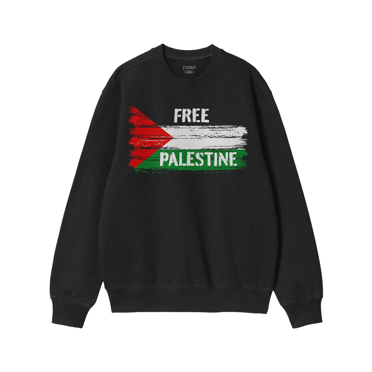 Free Palestine Shirt featuring a brush-stroke Palestinian flag and bold FREE PALESTINE text on a black crewneck sweatshirt, e