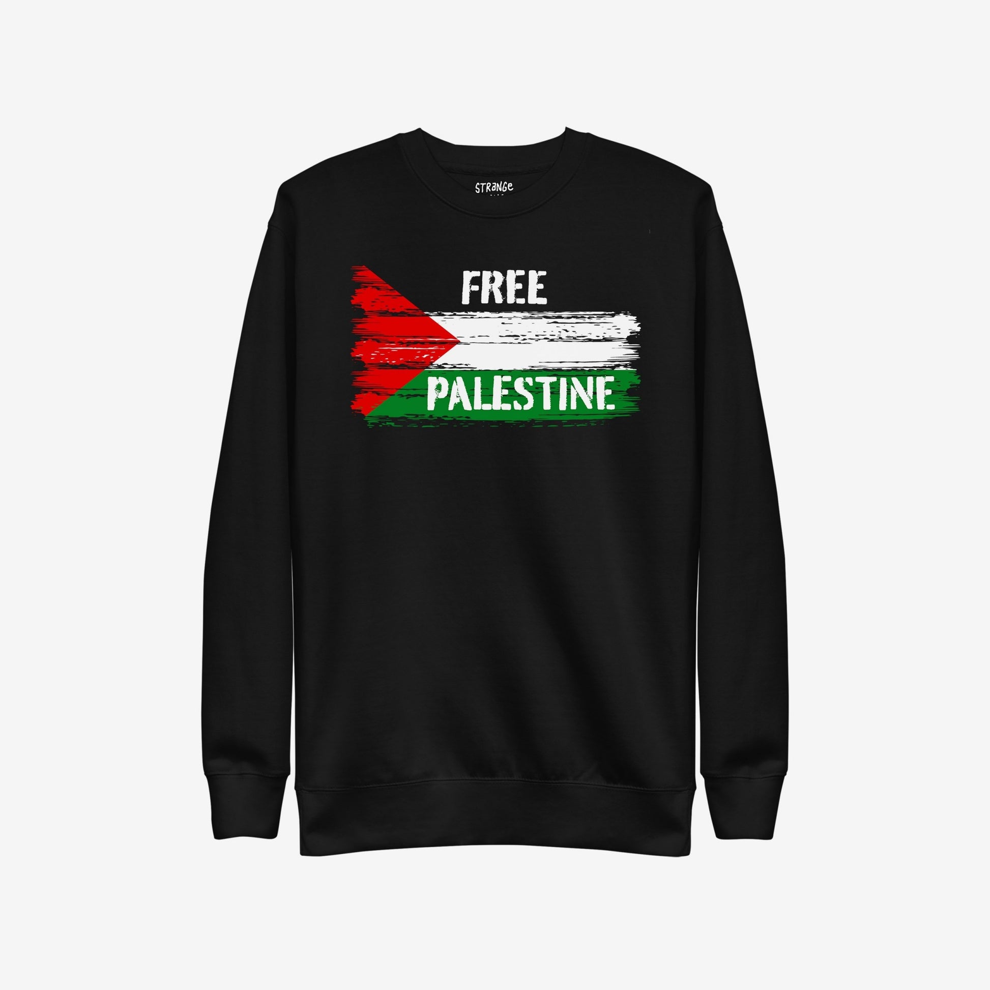 Free Palestine Hoodie & Sweatshirt featuring a stylized Palestinian flag and bold FREE PALESTINE in white stencil font, embodying activism and solidarity for protests or everyday wear.