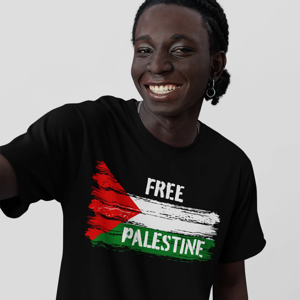 Free Palestine Shirt featuring a stylized Palestinian flag and FREE PALESTINE slogan, symbolizing resistance and advocacy for justice, suitable for activists and allies promoting equality and liberation.