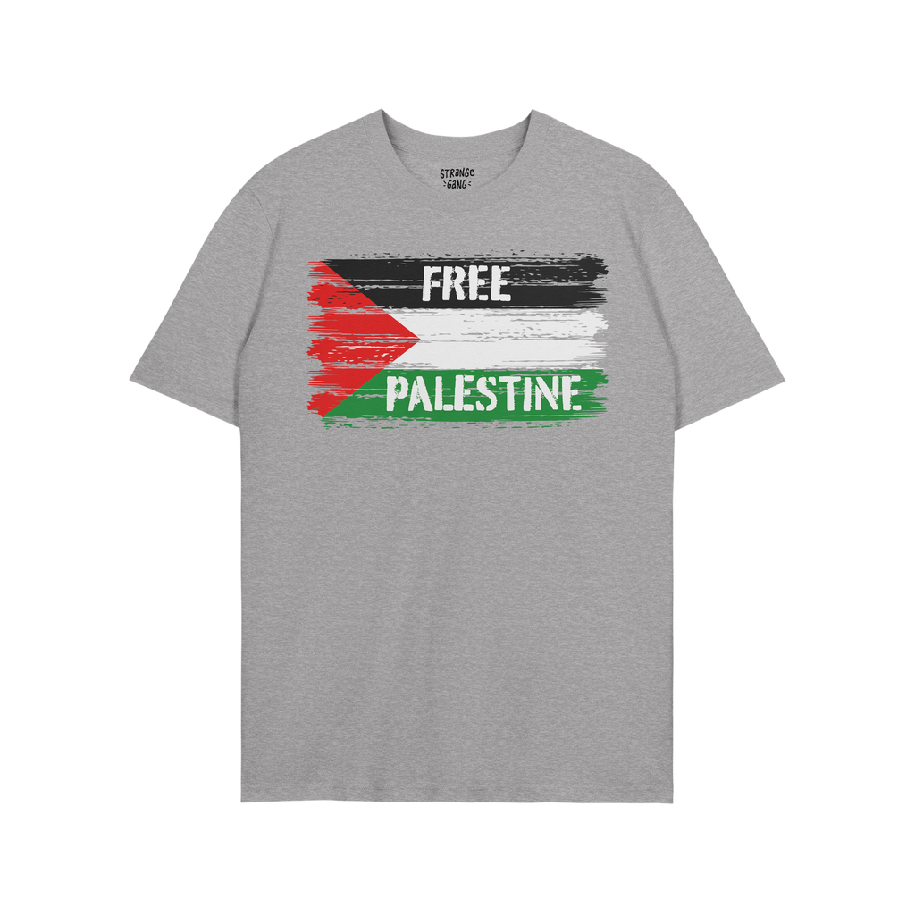 Free Palestine Shirt featuring a distressed brush-stroke Palestinian flag and the slogan “FREE PALESTINE,” embodying a me