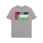 Free Palestine Shirt featuring a distressed brush-stroke Palestinian flag and the slogan “FREE PALESTINE,” embodying a me