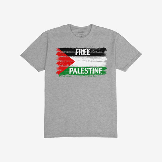 Free Palestine T-shirt featuring a stylized Palestinian flag with distressed lettering, FREE PALESTINE, symbolizing resistance and solidarity. Available in various sizes, ideal for expressing support for liberation.