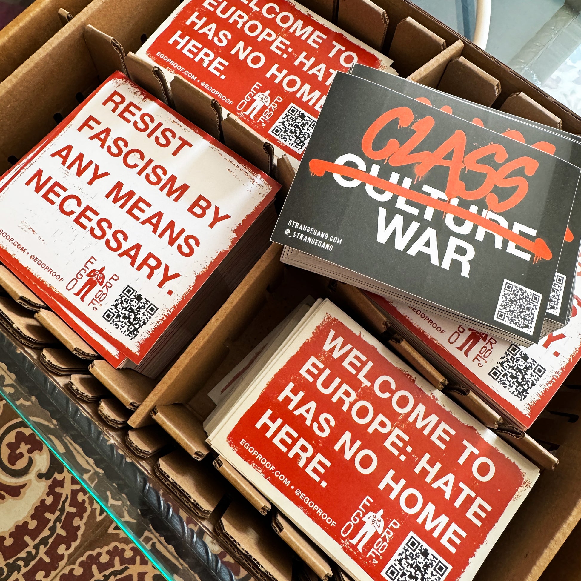 Free anti-fascist Strange Gang and EGOPROOF stickers.