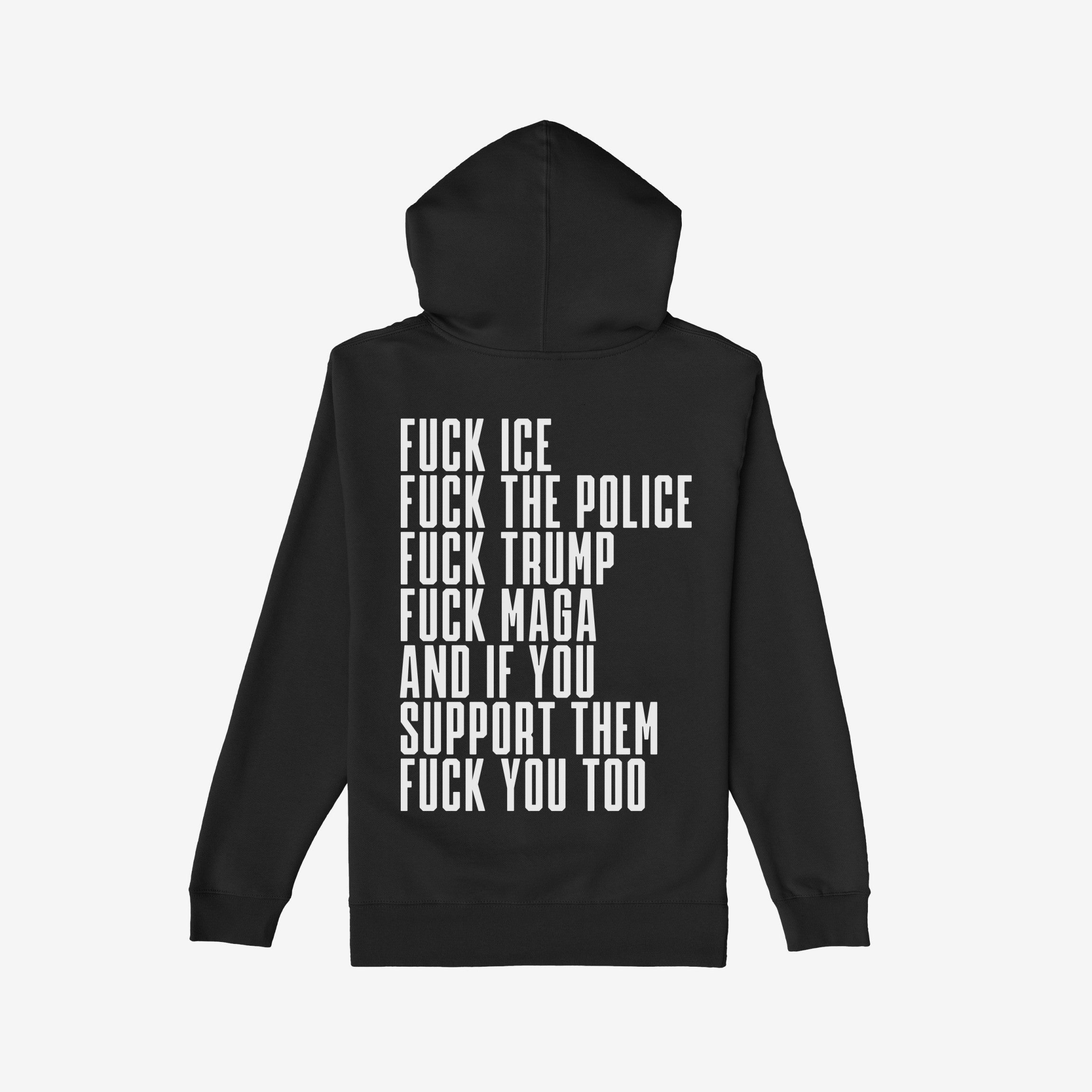 Back view of the Fuck 'Em All Back Print Shirt featuring bold protest messages in white capital letters, expressing strong anti-fascist sentiments. Unisex fit, ethically made, supporting resistance and equality.