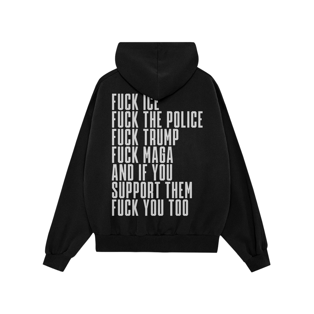 Back view of the Fuck 'Em All Back Print Shirt featuring bold protest messages in white capital letters, expressing strong an