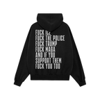 Back view of the Fuck 'Em All Back Print Shirt featuring bold protest messages in white capital letters, expressing strong an