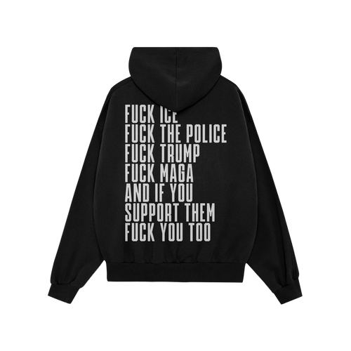 Back view of the Fuck 'Em All Back Print Shirt featuring bold protest messages in white capital letters, expressing strong an