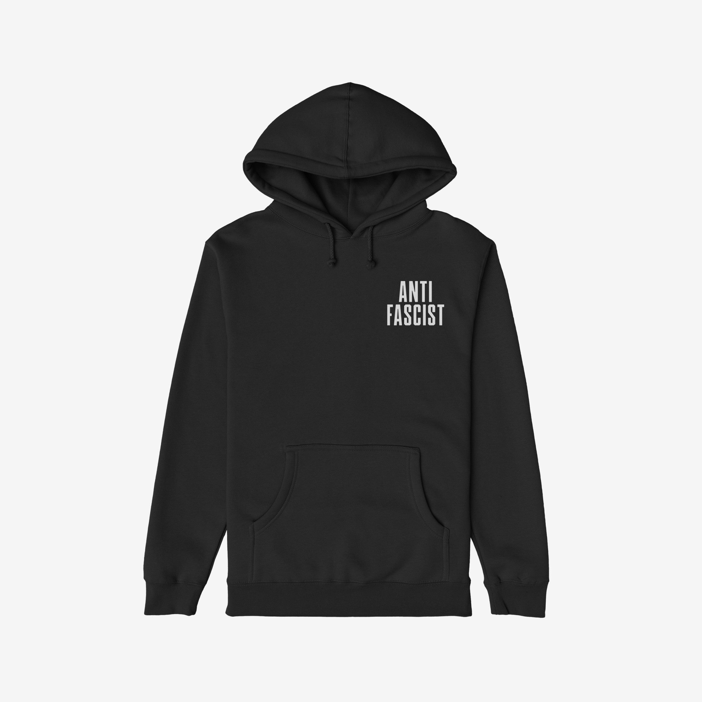 The Fuck 'Em All Back Print Shirt features ANTI FASCIST on the front of a black pullover hoodie, emphasizing bold activism and resistance.
