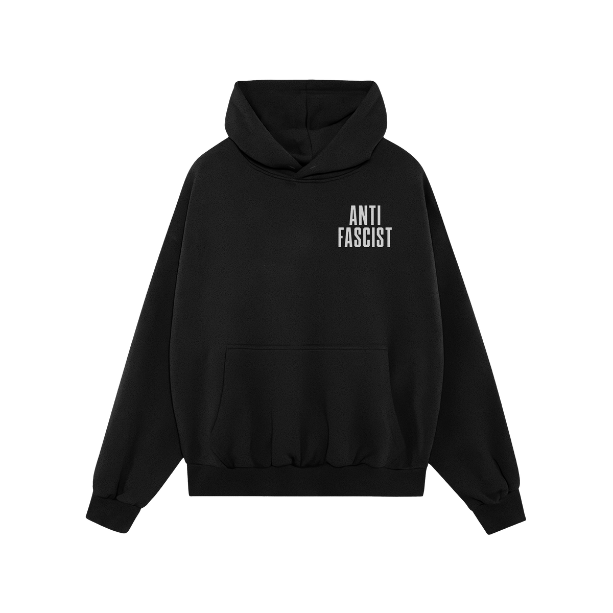 The Fuck 'Em All Back Print Shirt features ANTI FASCIST on the front of a black pullover hoodie, emphasizing bold activism an