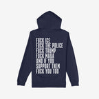 The Fuck 'Em All Back Print Shirt features bold protest text against ICE, police, Trump, and MAGA. Designed for impact and resistance, it supports the ACLU and promotes anti-fascist messages. Unisex fit.