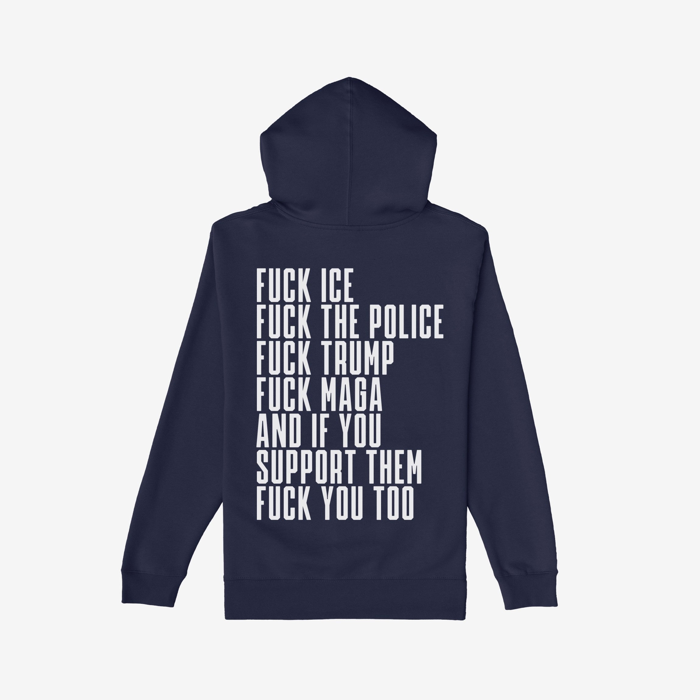 The Fuck 'Em All Back Print Shirt features bold protest text against ICE, police, Trump, and MAGA. Designed for impact and resistance, it supports the ACLU and promotes anti-fascist messages. Unisex fit.